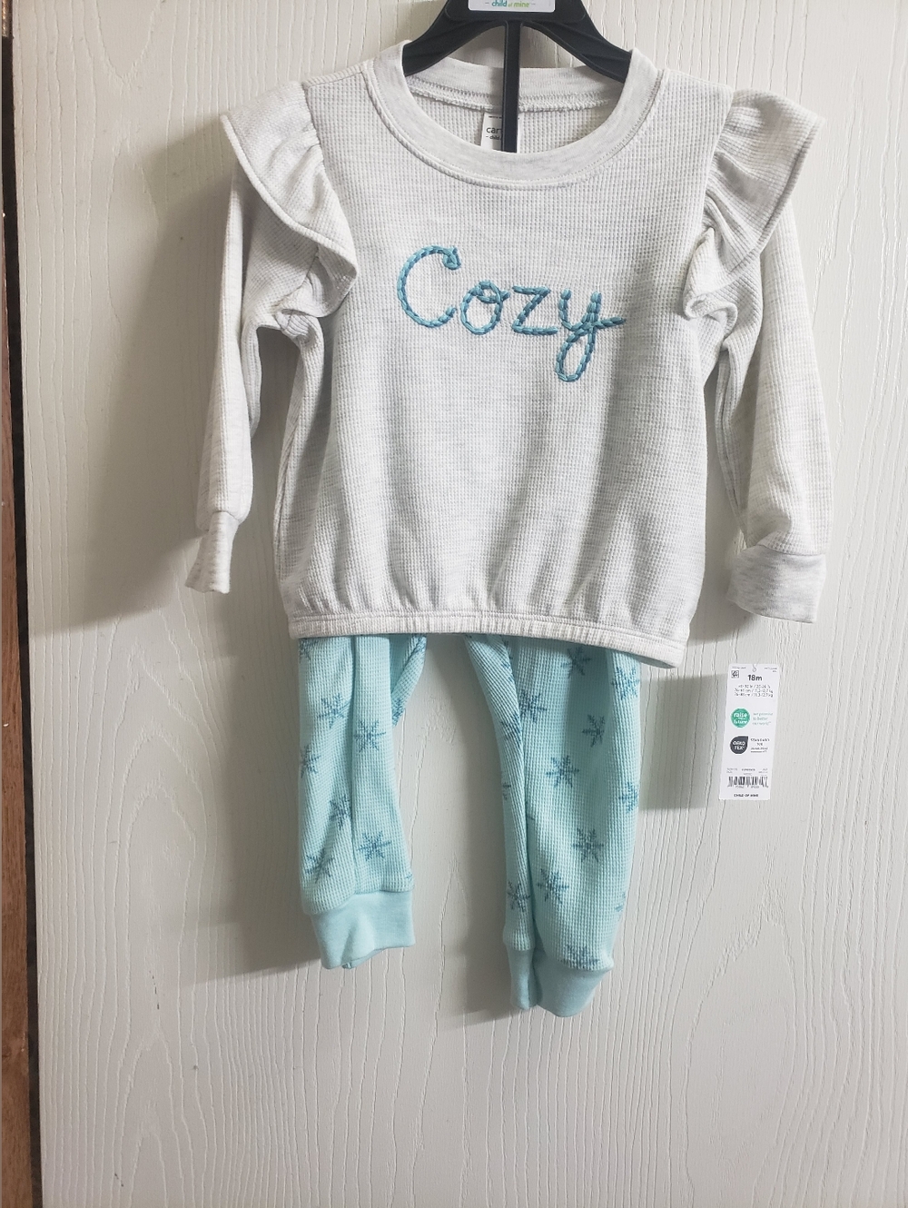 Carter's White & Light Blue "Cozy" Ruffle Shoulder Pajama Set
